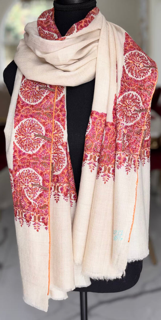 CREAM WHITE PURE PASHMINA HAND EMBROIDERED BORDER