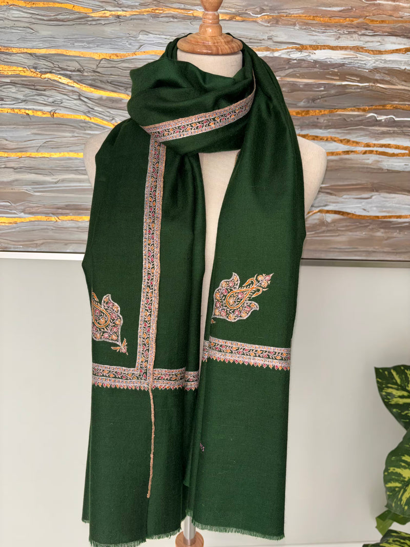 EMERALD GREEN PURE PASHMINA HAND-EMBROIDERY