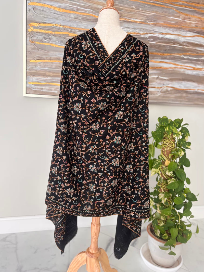 HAND WOVEN BLACK PASHMINA SHAWL FULL EMBROIDERY