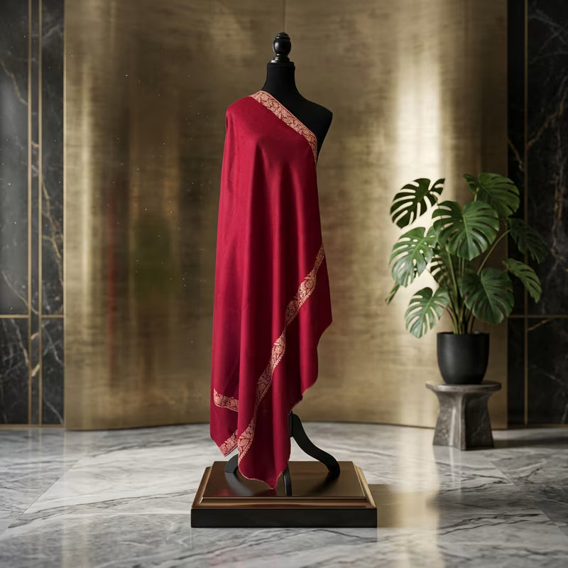 MAROON WINE PASHMINA SHAWL ARTISAN BORDER