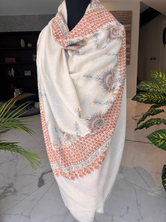 PEARLWHITE HAND EMBROIDERED SOZNI PASHMINA