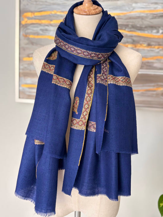 ROYAL BLUE PURE PASHMINA SHAWL HAND-EMBROIDERED