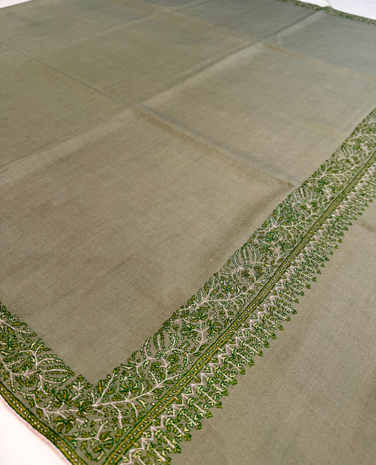 SOZNI SILK BORDER HANDEMBROIDERED PASHMINA SHAWL SAGE GREEN