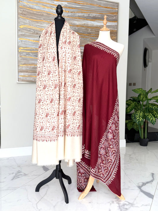 The All-Over Foliage Cream Jaal & Ornate Wine Burgundy Border