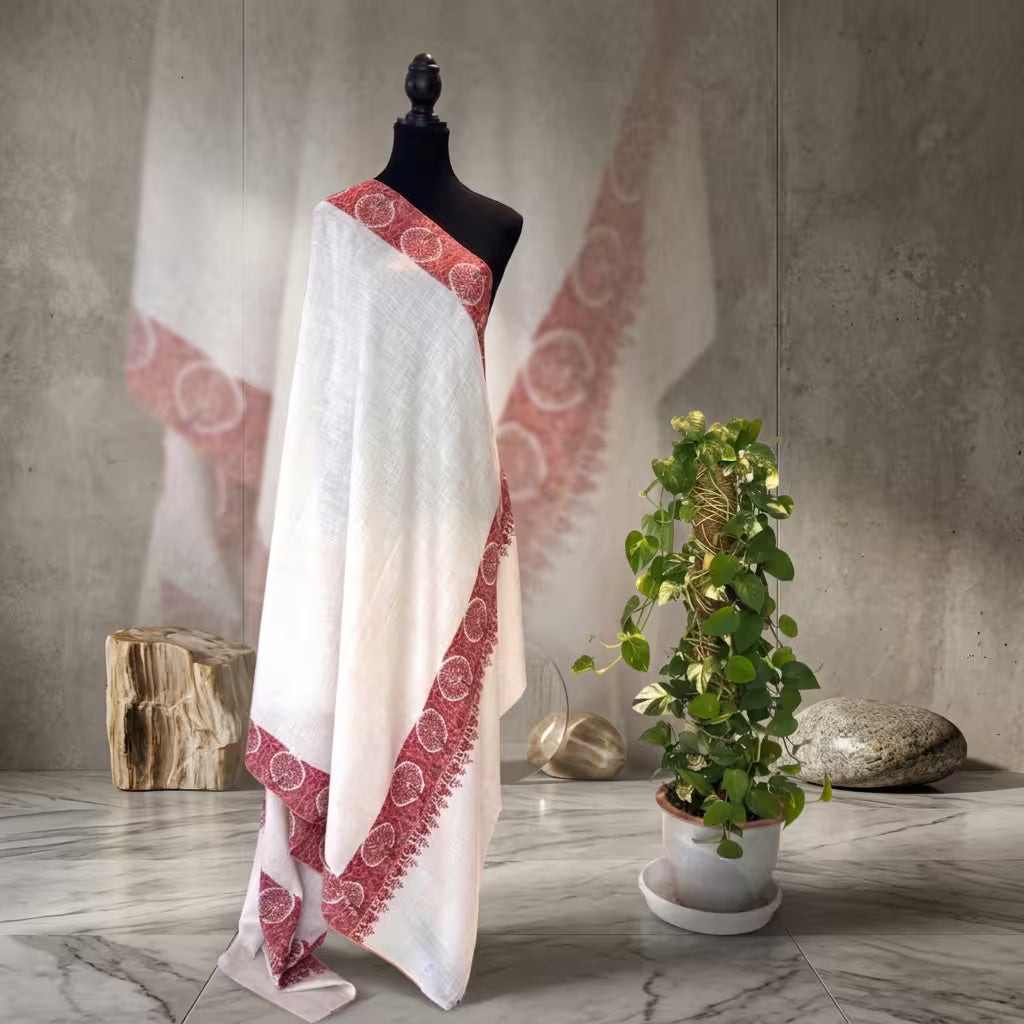 CREAM WHITE PURE PASHMINA HAND EMBROIDERED BORDER