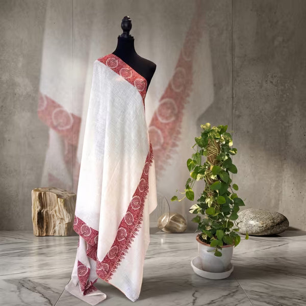 CREAM WHITE PURE PASHMINA HAND EMBROIDERED BORDER
