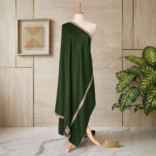 EMERALD GREEN PURE PASHMINA HAND-EMBROIDERY