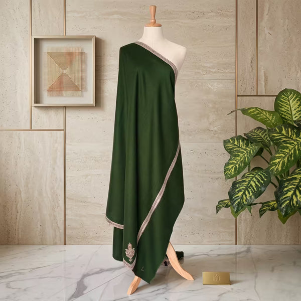 EMERALD GREEN PURE PASHMINA HAND-EMBROIDERY