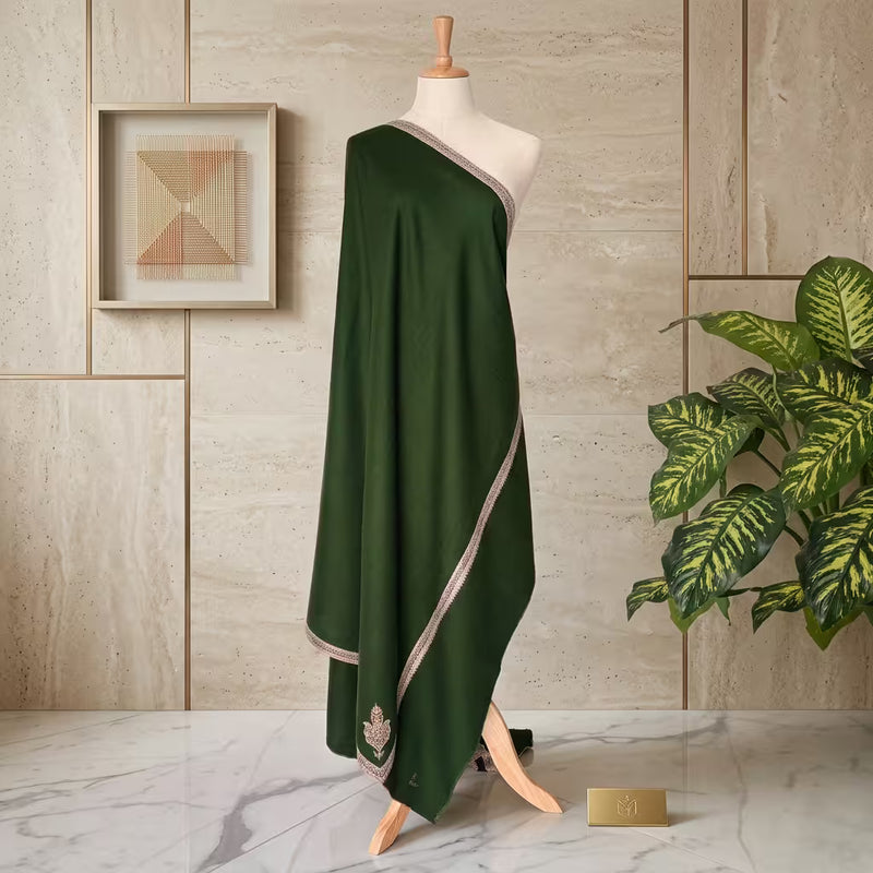 EMERALD GREEN PURE PASHMINA HAND-EMBROIDERY