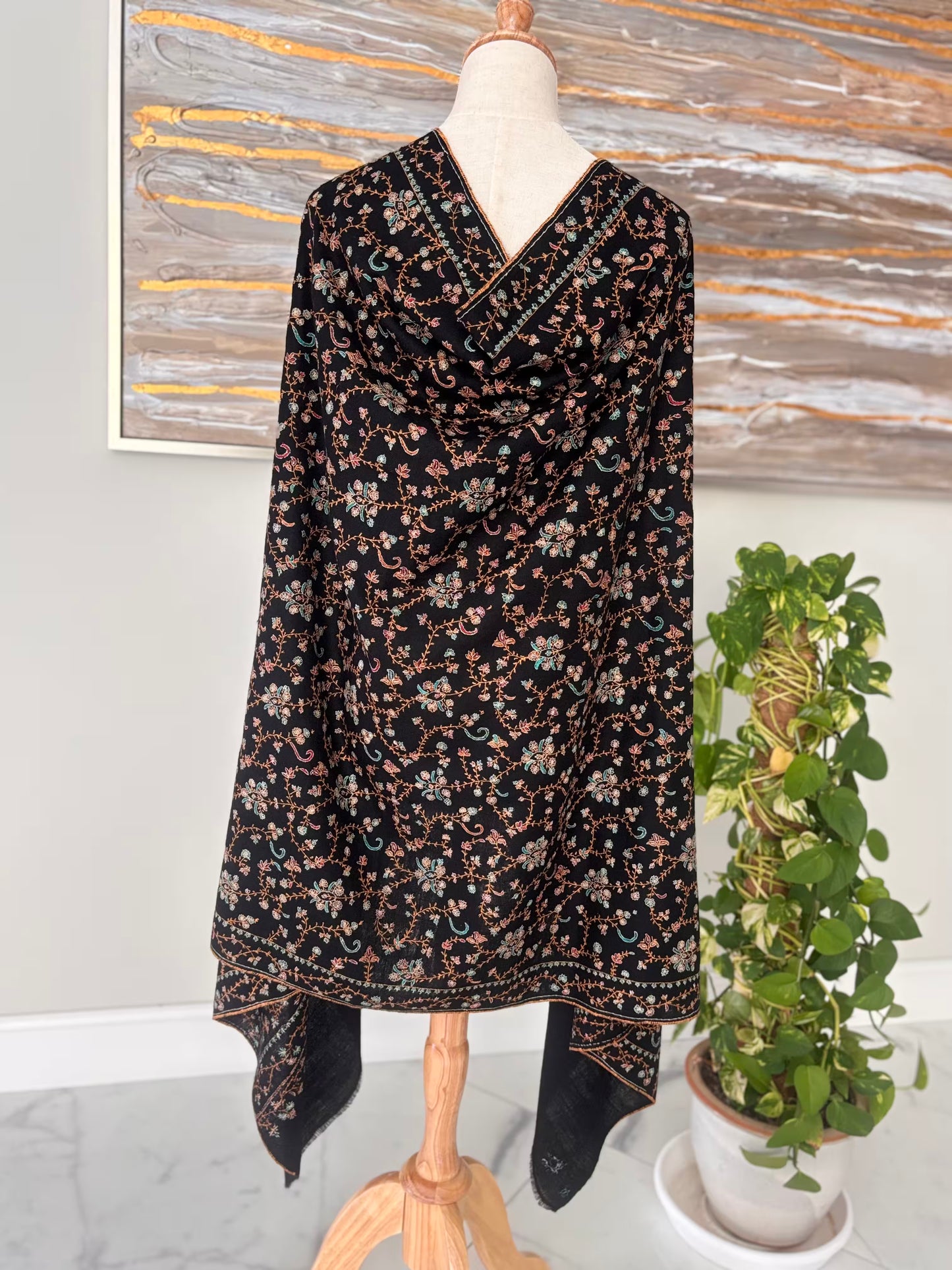 HAND WOVEN BLACK PASHMINA SHAWL FULL EMBROIDERY