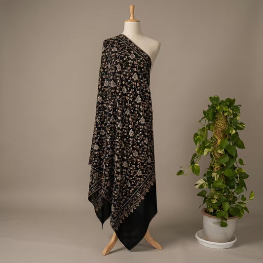 HAND WOVEN BLACK PASHMINA SHAWL FULL EMBROIDERY