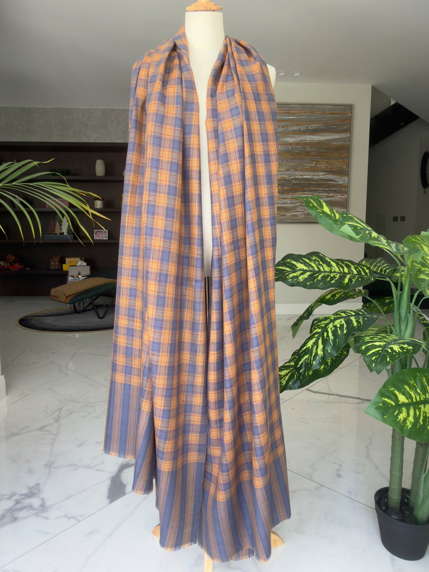 MEN CHECK HANDWOVEN PASHMINA SHAWL BLUEGREY