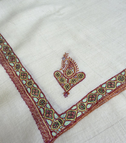 MEN SOZNI HASHI BORDER HANDEMBROIDERED PASHMINA SHAWL IVORY