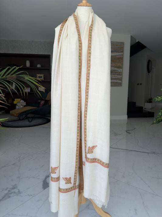 MEN SOZNI HASHI BORDER HANDEMBROIDERED PASHMINA SHAWL IVORY