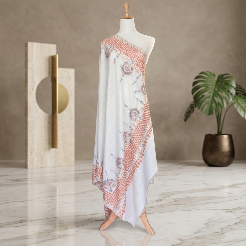 PEARLWHITE HAND EMBROIDERED SOZNI PASHMINA