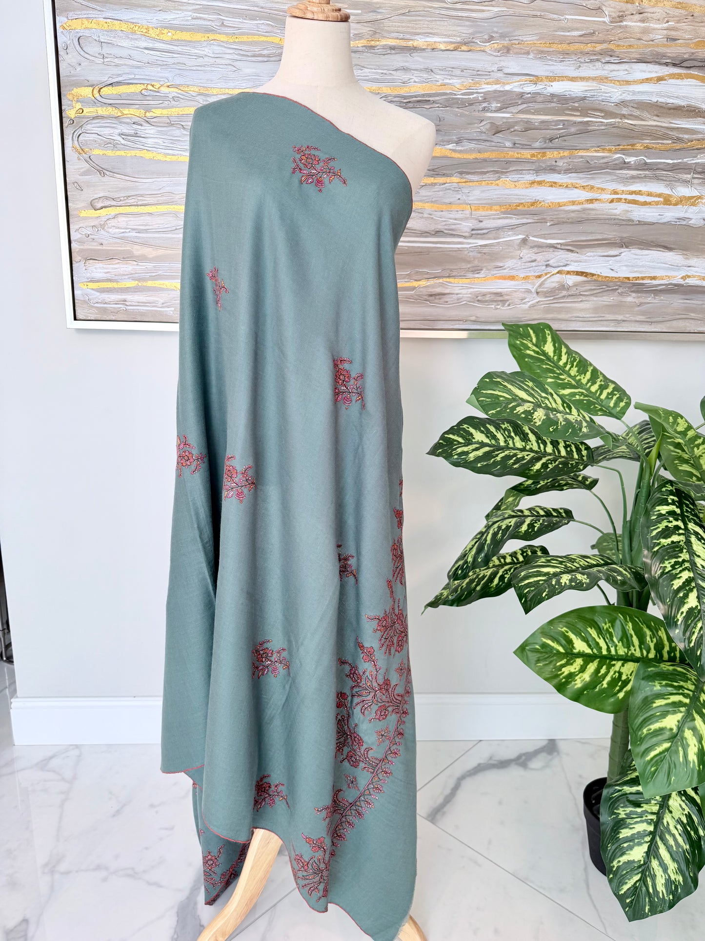 SOZNI BOOTIPALLA HANDEMBROIDERED PASHMINA SHAWL SEAGREEN