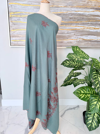SOZNI BOOTIPALLA HANDEMBROIDERED PASHMINA SHAWL SEAGREEN