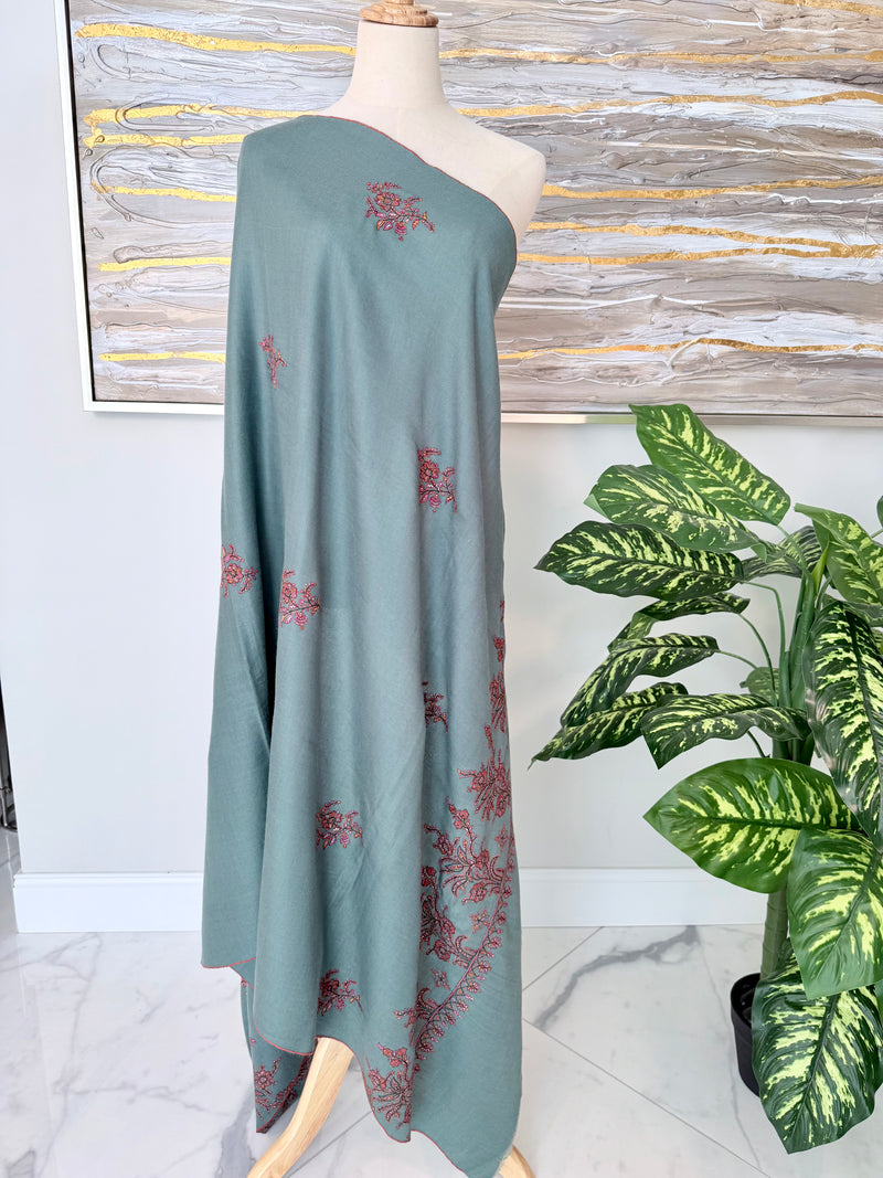 SOZNI BOOTIPALLA HANDEMBROIDERED PASHMINA SHAWL SEAGREEN
