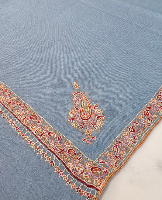 SOZNI BORDER HANDEMBROIDERED PASHMINA SHAWL BABYBLUE