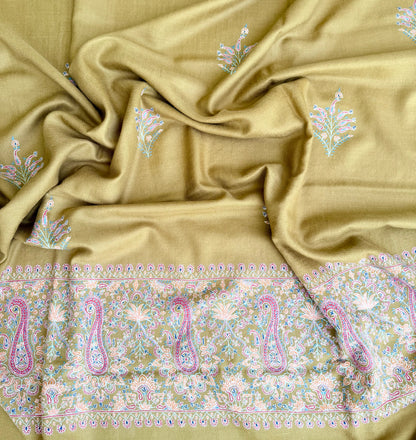 SOZNI BUTIPALLA HANDEMBROIDERED PASHMINA SHAWL MUSTURD YELLOW