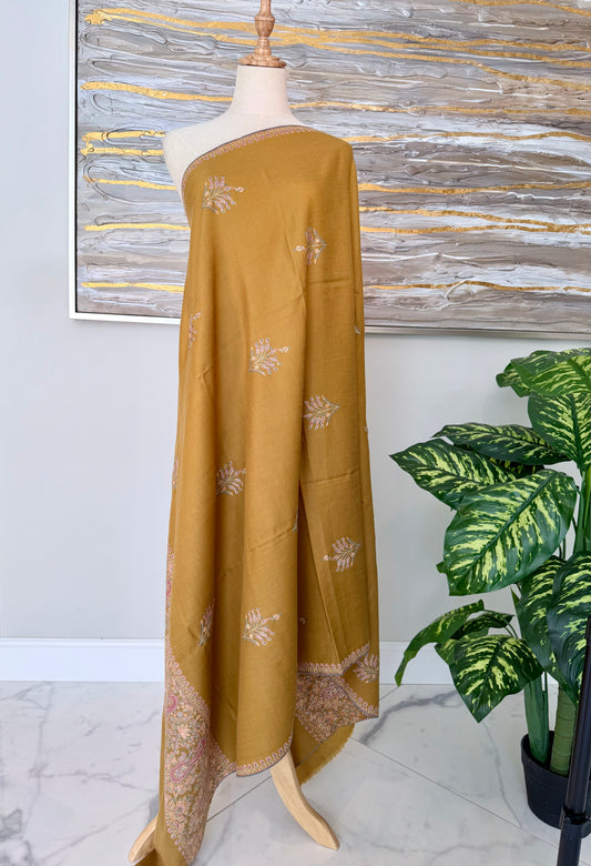 SOZNI BUTIPALLA HANDEMBROIDERED PASHMINA SHAWL MUSTURD YELLOW