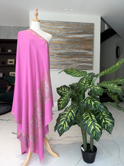 SOZNI PALLEDAR HANDEMBROIDERED PASHMINA SHAWL GULABI PINK