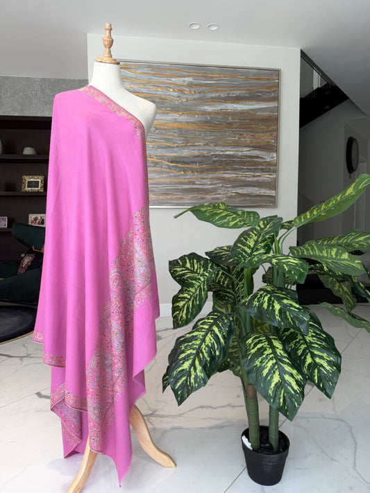 SOZNI PALLEDAR HANDEMBROIDERED PASHMINA SHAWL GULABI PINK