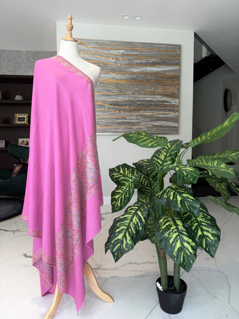 SOZNI PALLEDAR HANDEMBROIDERED PASHMINA SHAWL GULABI PINK