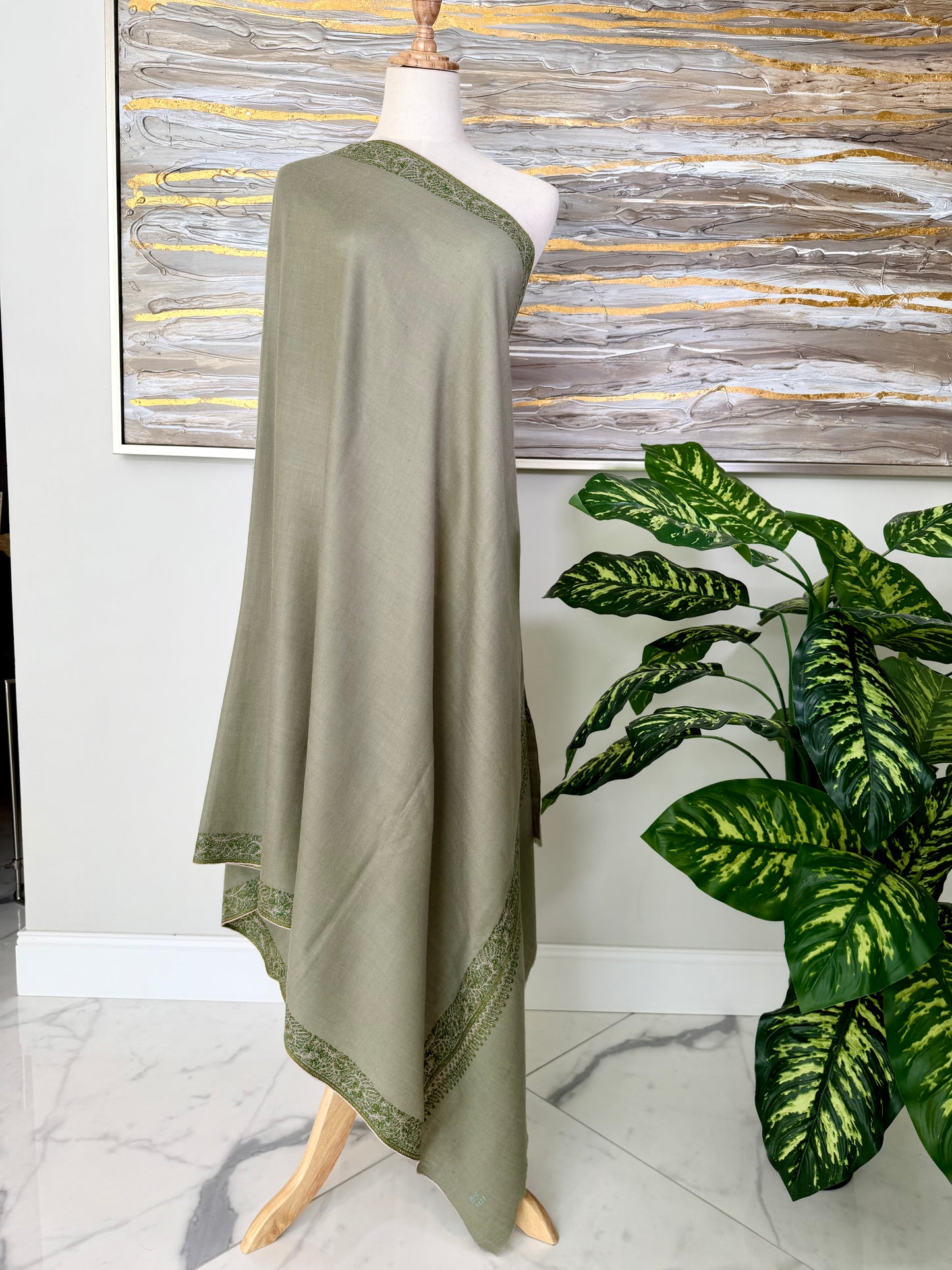 SOZNI SILK BORDER HANDEMBROIDERED PASHMINA SHAWL SAGE GREEN