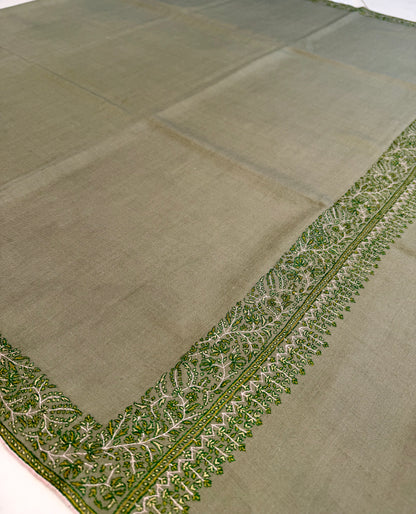 SOZNI SILK BORDER HANDEMBROIDERED PASHMINA SHAWL SAGE GREEN