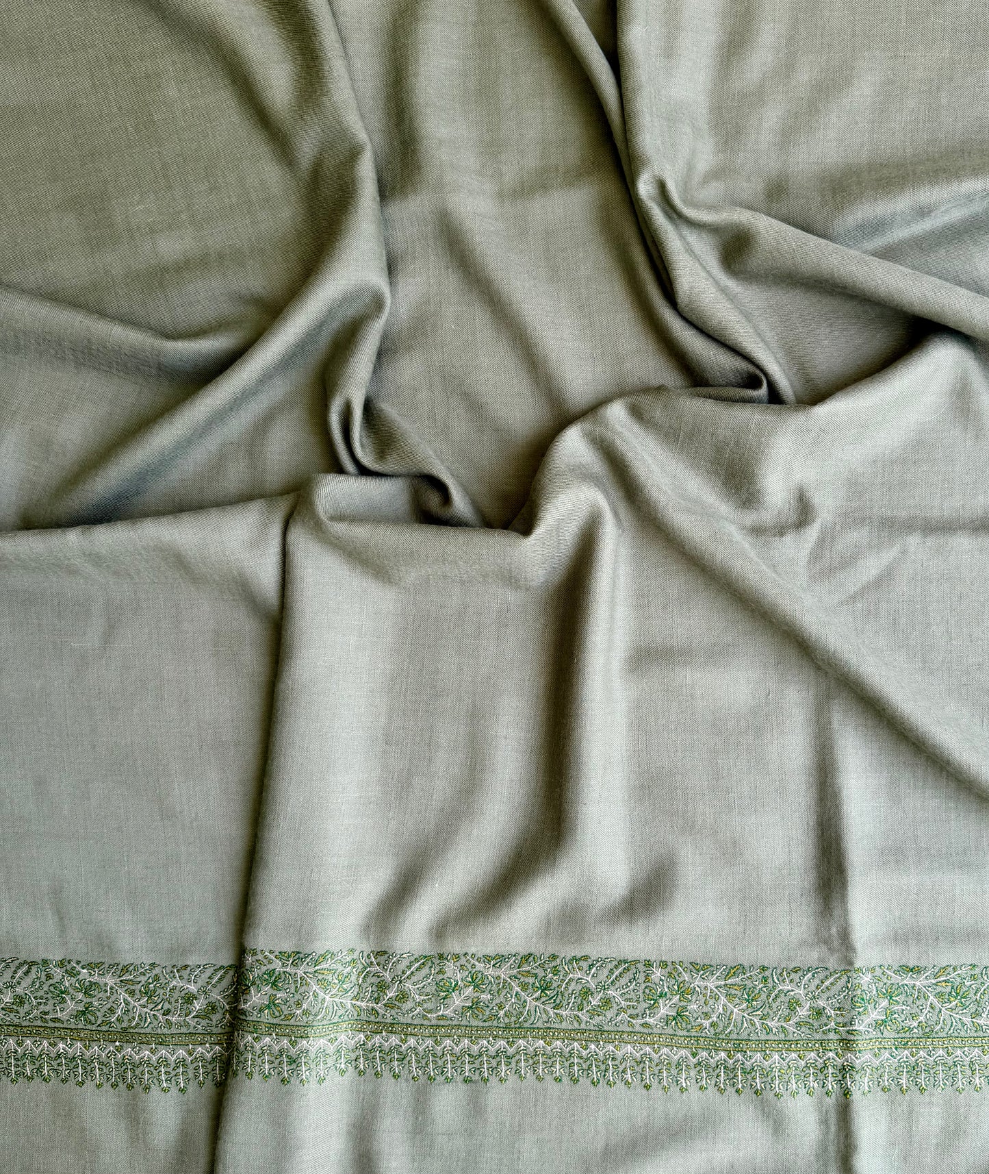 SOZNI SILK BORDER HANDEMBROIDERED PASHMINA SHAWL SAGE GREEN