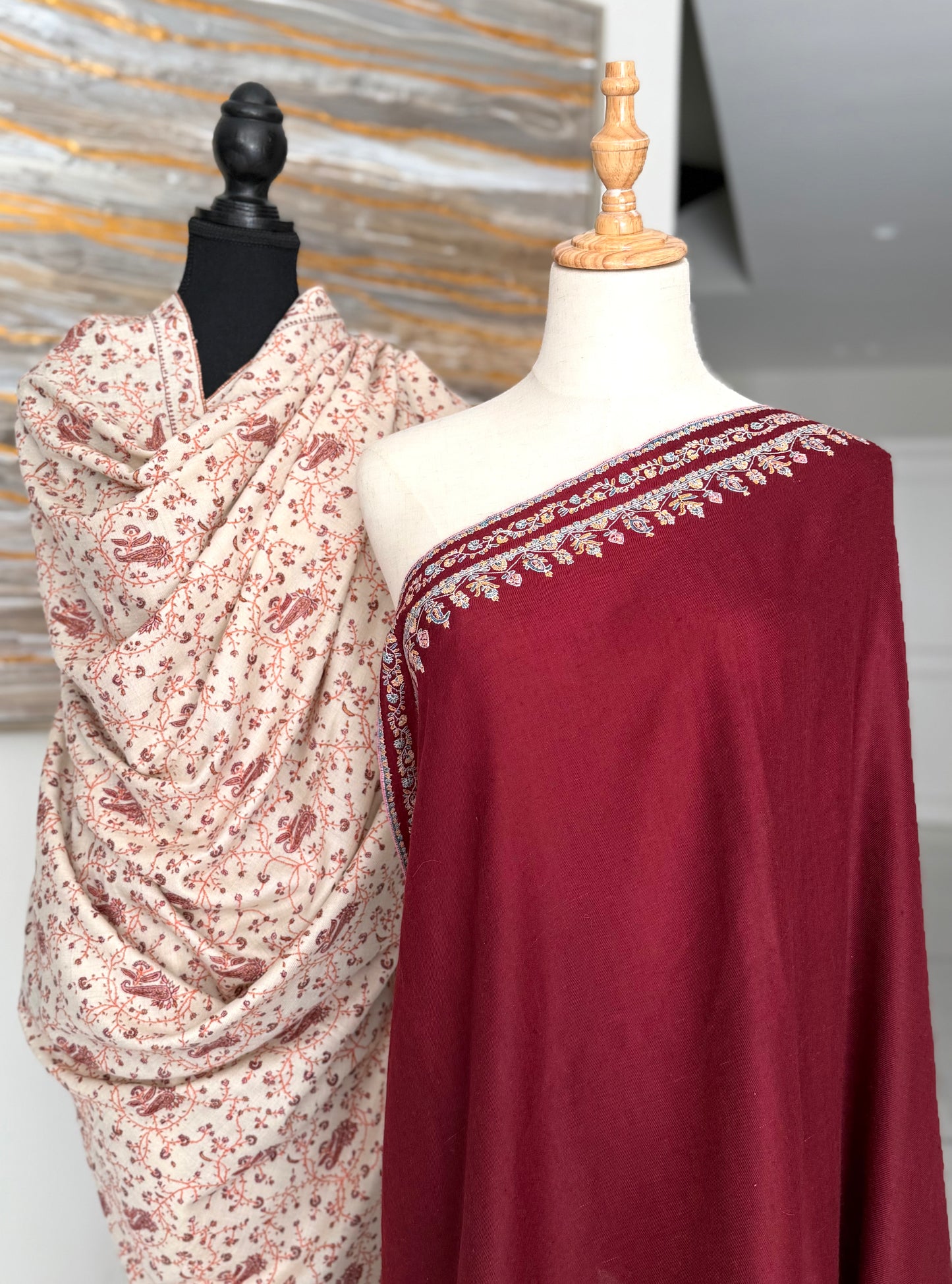 The All-Over Foliage Cream Jaal & Ornate Wine Burgundy Border