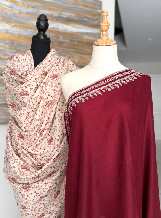 The All-Over Foliage Cream Jaal & Ornate Wine Burgundy Border