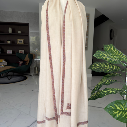 MEN SOZNI HASHI BORDER HANDEMBROIDERED PASHMINA SHAWL CREAM