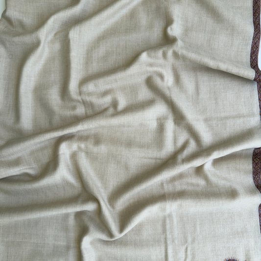 MEN SOZNI HASHI BORDER HANDEMBROIDERED PASHMINA SHAWL CREAM